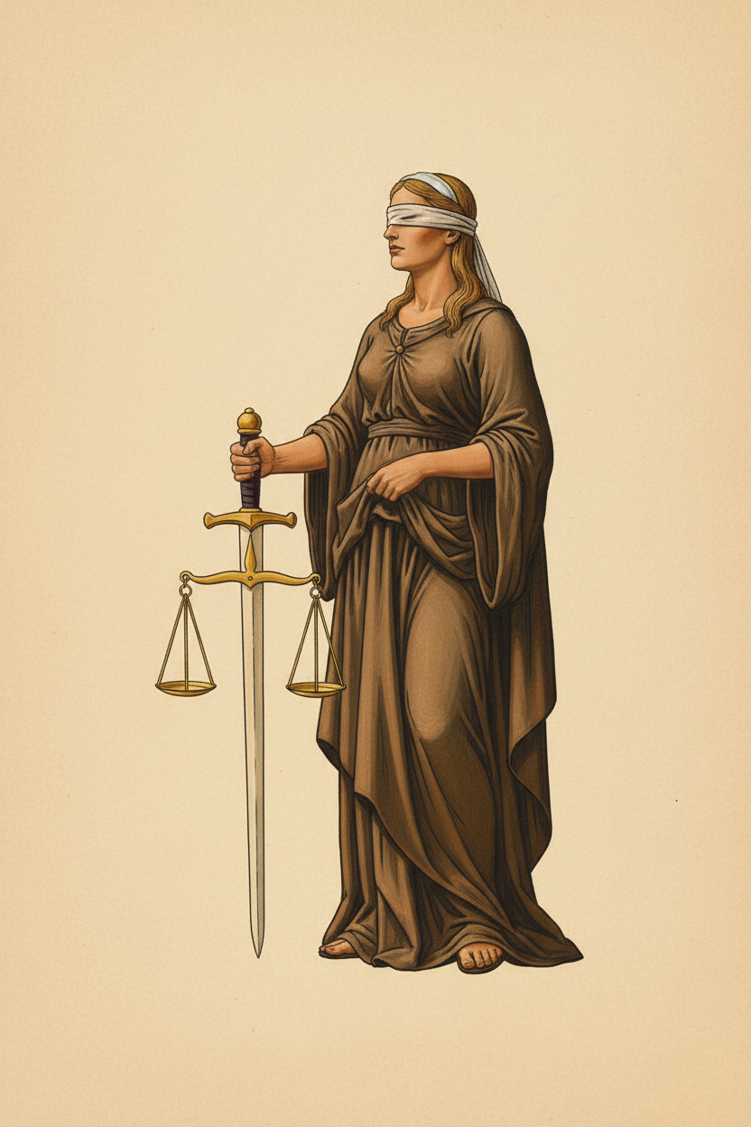 Blindfolded Justice supporter rendered from the Law Society of Ontario arms